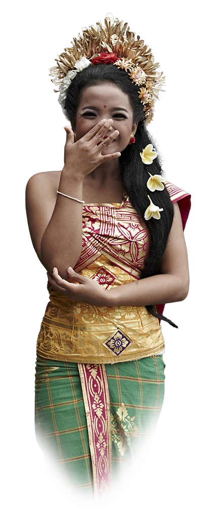 Balinese Legong dancer in traditional gold headdress and songket — BumbuBali, Balinese restaurant in Malaysia